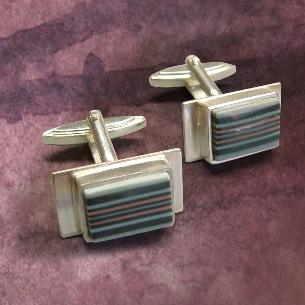 Manschettenknöpfe Silber Porzellan eckig farbig gestreift