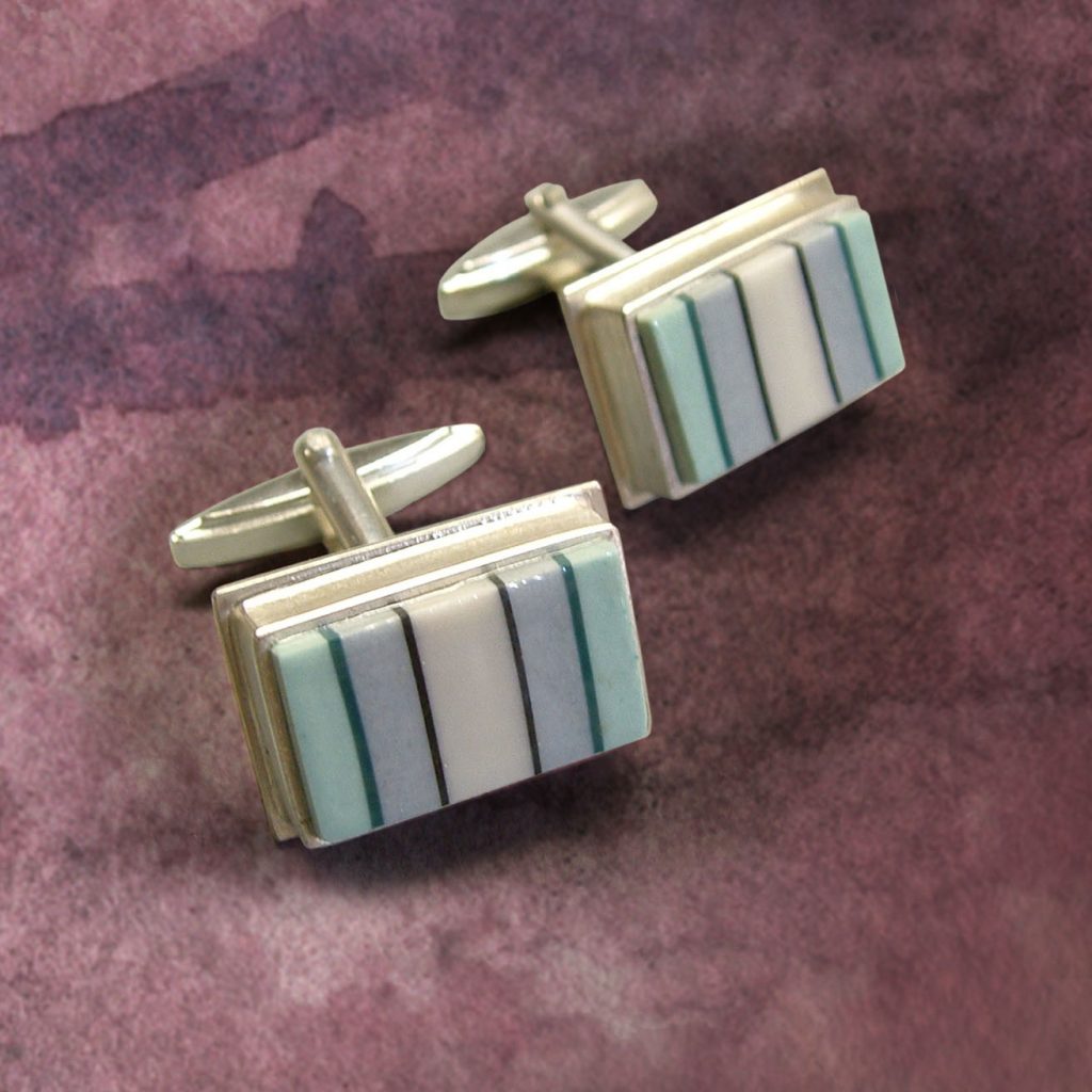 Manschettenknöpfe Silber Porzellan eckig grün grau hell gestreift