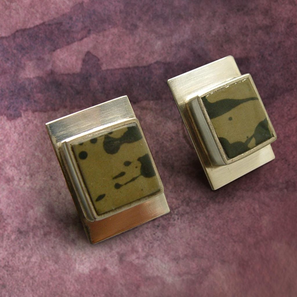 Ohrstecker Silber Porzellan eckig braun abstrakt