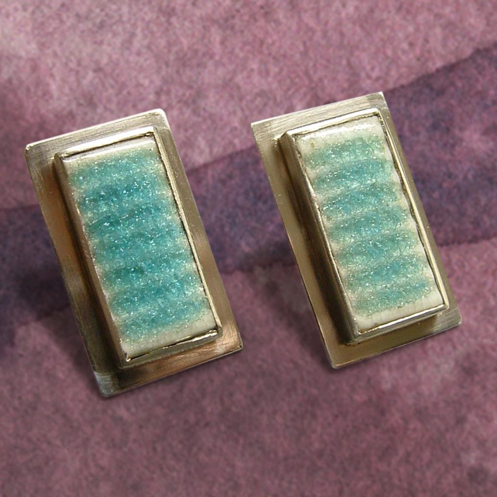 Ohrstecker Silber Porzellan Krakelee Türkis eckig gerippt